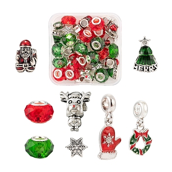 36Pcs 8 Style Christmas Themed European Style Alloy & Glass Beads Sets, Christmas Wreath & Reindeer & Snowflake & Santa Claus & Christmas Tree & Faceted Rondelle, Mixed Color, 36pcs/box