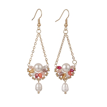 Natural Pearl & Glass Teardrop with Flower Dangle Earrings, Golden Brass Jewelry for Women, Red, 74mm, Pin: 0.5mm