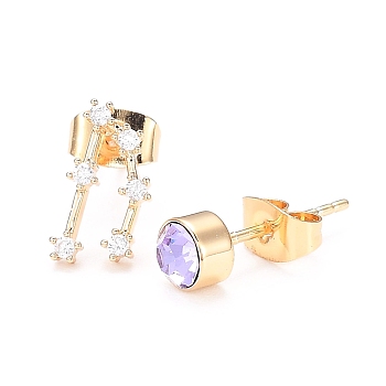 Brass Micro Pave Cubic Zirconia Stud Earrings, Asymmetrical Earrings, with 925 Sterling Silver Pins and Ear Nuts, Flat Round & Constellation/Zodiac Sign, Golden, Lilac, Capricorn, 11.5x6mm and 5mm, Pin: 0.8mm