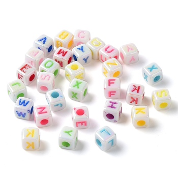 Opaque Acrylic Enamel Beads, Imitation Shell Effect, Cube with Letter, Mixed Color, 8x8x8mm, Hole: 3.5mm