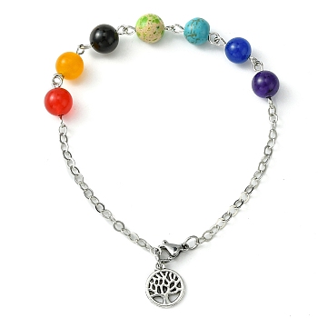 Tree of Life Alloy Charm Bracelets, Chakra Natural & Synthetic Mixed Stone Brass Cable Chains Bracelets for Women, Platinum, 8-1/4 inch(21cm)