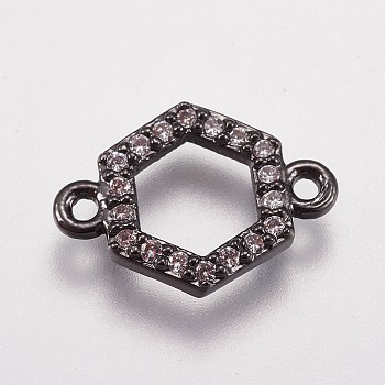 Brass Micro Pave Cubic Zirconia Links, Hexagon, Clear, Gunmetal, 10x14x2mm, Hole: 1mm