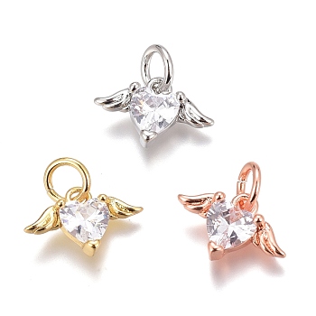 Brass Micro Pave Clear Cubic Zirconia Charms, Long-Lasting Plated, with Jump Rings, Heart with Wing, Mixed Color, 8x12x3mm, Hole: 3mm