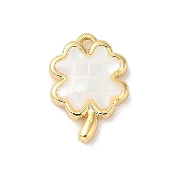 Rack Plating Brass & Shell Clover Charms with Epoxy Resin, Long-lasting Plated, Cadmium Free & Lead Free, Real 18K Gold Plated, White, 12x8.5x2.5mm, Hole: 1mm