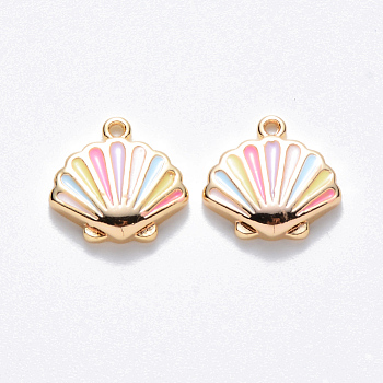 Brass Enamel Charms, Nickel Free, Scallop Shape, Real 18K Gold Plated, Colorful, 10x10.5x2.5mm, Hole: 0.8mm