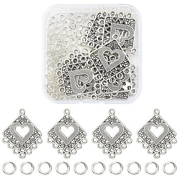 20Pcs Tibetan Style Alloy Chandelier Component Links, Rhombus & Heart, with 100Pcs Jump Rings, Antique Silver, 30x24.5x0.9mm, Hole: 1.6mm & 1.8mm