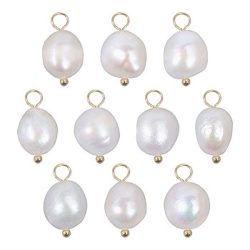 10Pcs Natural Freshwater Pearl Pendants, Potato Charms with Golden Plated Brass Loops, Floral White, 16~17x8~9x8~8.5mm, Hole: 2.5~3mm