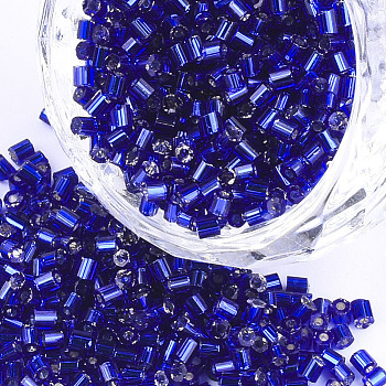 Grade A Glass Seed Beads, Hexagon(Two Cut), Silver Lined, Dark Blue, 1.5~2.5x1.5~2mm, Hole: 0.8mm, about 2100pcs/bag, 450g/bag