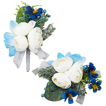 2Pcs 2 Style Silk Cloth Rose Flower Boutonniere Brooch & Wrist Corsage, for Wedding, Party Decorations, Blue, 97~112x80~122x29~42mm, 1pc/style