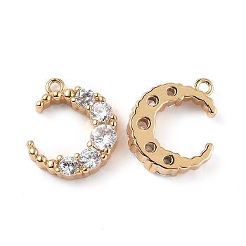 Brass Micro Pave Clear Cubic Zirconia Charms, Moon, Real 18K Gold Plated, 12x10x3mm, Hole: 1mm