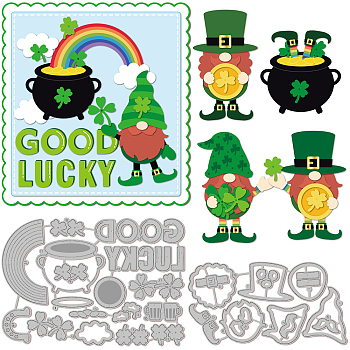 2Pcs 2 Styles Saint Patrick's Day Carbon Steel Cutting Dies Stencils, for DIY Scrapbooking, Photo Album, Decorative Embossing Paper Card, Stainless Steel Color, 4-Leaf Clover, Gnome Pattern, 6.2~9.6x12~13.8x0.08cm, 1pc/style