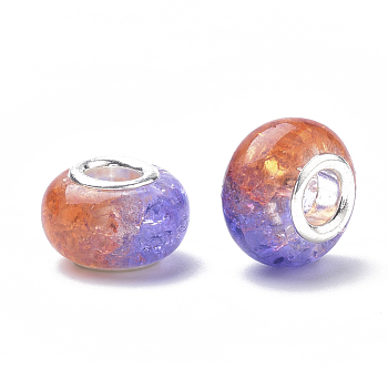 Crackle Resin European Beads, Large Hole Beads, with Silver Color Plated Brass Cores, Rondelle, Coral, 14x8.5mm, Hole: 4.5mm