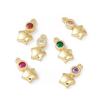 Brass Micro Pave Cubic Zirconia Pendants, Real 18K Gold Plated, Star, Mixed Color, 10x5.5x2mm, Hole: 0.8mm