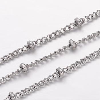 304 Stainless Steel Curb Chains, Satellite Chains, Soldered, with Rondelle Beads, Stainless Steel Color, 2.7x2x0.6mm