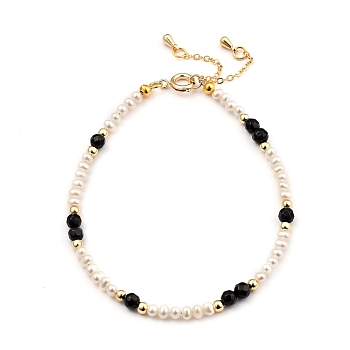 Beaded Bracelets, with Natural Pearl Beads, Natural Black Agate Beads, Brass Beads & Spring Ring Clasps, Golden, 19.7cm(7-3/4 inch)