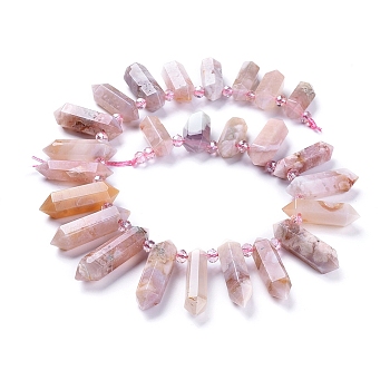 Natural Cherry Blossom Agate Beads Strands, Top Drilled Beads, with Glass Beads, Faceted, Double Terminated Point, 20~60x9~11x10~13mm, Hole: 1.6mm, about 25pcs/Strand, 14.96 inch(38cm)