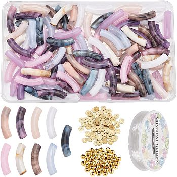 DIY Imitation Gemstone Curved Tube Bracelet Making Kit, Including Acrylic & Brass Spacer Beads, Elastic Thread, Mixed Color, Beads: 250Pcs/box