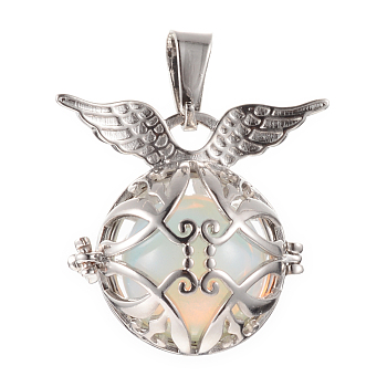 Alloy Cage Pendants, with Opalite, Round with Wing, Platinum, 28x30x21mm, Hole: 7x3mm