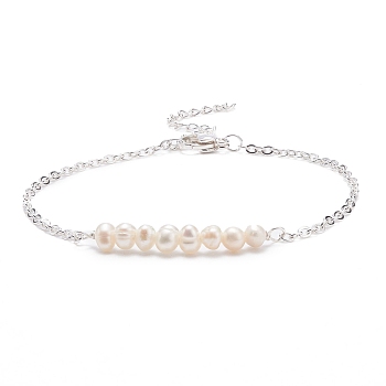Natural Pearl Beads Link Bracelet with 304 Stainless Steel Cable Chains for Women, Silver, 7.52~7.68 inch(19.1~19.5cm)