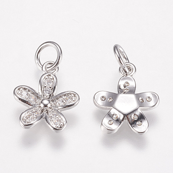Brass Micro Pave Cubic Zirconia Charms, Flower, Platinum, 15x10x2mm, Hole: 3mm