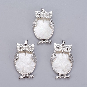 Natural White Shell Mother of Pearl Shell Pendants, with Platinum Tone Brass Findings, Owl, 43.5x27x9.5mm, Hole: 4.5x7.5mm