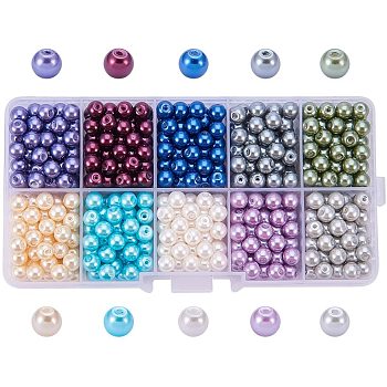 10 Color Eco-Friendly Pearlized Round Glass Pearl Beads, Dyed, Mixed Color, 6mm, Hole: 1.2~1.5mm, about 60pcs/compartment, 600pcs/box