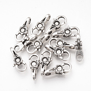 Tibetan Style Alloy Lobster Claw Clasps, Flower, Cadmium Free & Lead Free, Antique Silver, 25x11x7mm, Hole: 5mm(X-TIBE-T002-12AS-RS)