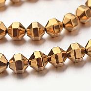 Electroplate Non-magnetic Synthetic Hematite Bead Strands, Polygon, Golden Plated, 8x8mm, Hole: 1mm, about 51pcs/strand, 15.7 inch(G-F300-29B-03)