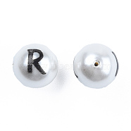 ABS Plastic Imitation Pearl Beads, with Printed, Round with Letter, Letter.R, 10mm, Hole: 1mm(KY-N015-148R)