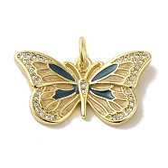 Brass Enamel Micro Pave Cubic Zirconia Pendants, Real 18K Gold Plated Butterfly Charms, with Jump Ring, Steel Blue, 14x25x3mm, Hole: 4.2mm(KK-Z042-05G-04)