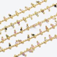 Natural Tourmaline Handmade Beaded Chains, Soldered, Lead Free & Cadmium Free, with Brass Findings, Real 18K Gold Plated, Long-Lasting Plated, Faceted Round, 6~7x2~3mm(CHC-P003-11G)