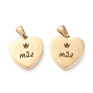 Ion Plating(IP) 304 Stainless Steel Pendants, Manual Polishing, Heart with Hollow Crown and Word, Golden, 18.5x17.5x3.5mm, Hole: 3x6mm(STAS-F253-12G)