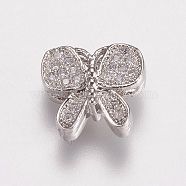 Brass Micro Pave Cubic Zirconia Beads, Butterfly, Clear, Platinum, 10x11x4.5mm, Hole: 1mm(ZIRC-E143-60P)