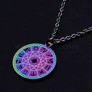 201 Stainless Steel Pendants Necklaces, with Cable Chains and Lobster Claw Clasps, Flat Round with 12 Constellation/Zodiac Sign, Rainbow Color, 15-3/4 inch(40cm), 1.5mm(NJEW-S105-JN639)