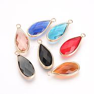 Glass Pendants, with Brass Findings, Faceted, teardrop, Nickel Free, Raw(Unplated), Mixed Color, 24x10.5x5mm, Hole: 2mm(GLAA-S149-M)
