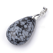 Natural Snowflake Obsidian Pendants, with Alloy Findings, Teardrop, Platinum, 23~24x14~15x8~9mm, Hole: 4x5mm(X-G-S243-04)