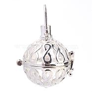 Rack Plating Brass Cage Pendants, For Chime Ball Pendant Necklaces Making, Hollow Round with Infinity, Silver Color Plated, 29x26x21.5mm, Hole: 6x8mm, inner measure: 18mm(KK-S751-005S)