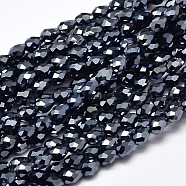 Faceted Teardrop Full Plated Electroplate Glass Beads Strands, Hematite Plated, 5x3mm, Hole: 1mm, about 100pcs/strand, 17.7 inch~19.6 inch(X-EGLA-J132-FP01)