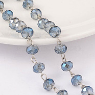 Faceted Rondelle Handmade Electroplate Glass Beads Chains, Unwelded, with Platinum Plated Brass Findings, Marine Blue, 39.3 inch, about 79pcs/m(AJEW-JB00130-03)