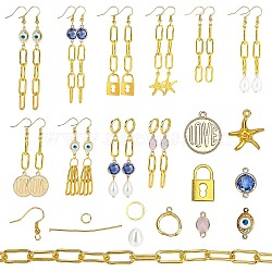 SUNNYCLUE DIY Dangle Earring Making Kits, Iron Paperclip Chains, 12Pcs Evil Eye & Geometry Glass & Brass Links, 6Pcs Starfish & Flat Round Alloy Pendants, Glass Pearl and Brass Findings, Golden, 9x17x7mm, Hole: 1mm, 4pcs(DIY-SC0016-61)