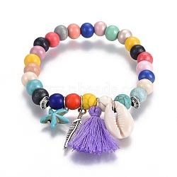 Wood & Synthetic Turquoise Beads Charm Bracelets, with Cotton Thread Tassel, Tibetan Style Findings and Shell, Colorful, 2-1/8 inch(5.5cm)(BJEW-JB04096)
