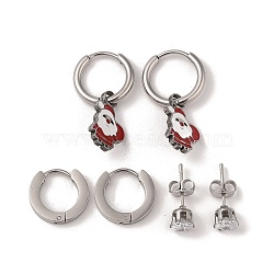 3 Pairs 3 Styles Christmas 304 Stainless Steel Hoop & Studs Earrings Set for Women, with Enamel & Cubic Zirconia, Stainless Steel Color, Santa Claus, 13~26x2~10mm, 1 pair/style(EJEW-K279-12A-P)
