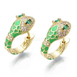 Green Cubic Zirconia Snake Huggie Hoop Earring, Real 18K Gold Plated Brass Enamel Chunky Hoop Earrings for Women, Nickel Free, Spring Green, 20x18.5x10mm, Pin: 1.5mm(EJEW-N011-46D-NF)