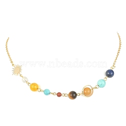 Natural & Synthetic Mixed Gemstone Beaded Necklace, Brass Sun Planet Necklace, 15.94 inch(40.5cm)(NJEW-TA00093)