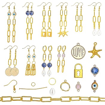 SUNNYCLUE DIY Dangle Earring Making Kits, Iron Paperclip Chains, 12Pcs Evil Eye & Geometry Glass & Brass Links, 6Pcs Starfish & Flat Round Alloy Pendants, Glass Pearl and Brass Findings, Golden, 9x17x7mm, Hole: 1mm, 4pcs
