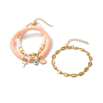 Stretch & Beaded & Link Chain Bracelets Sets, with Handmade Polymer Clay Beads, Brass Pendant, Alloy Links, Light Salmon, Inner Diameter: 2-5/8 inch(6.8cm), 7.48 inch(190mm), 7.28 inch(185mm), 3pcs/set