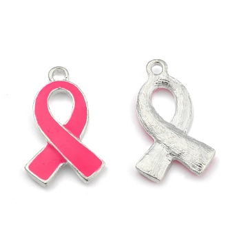 October Breast Cancer Pink Awareness Ribbon Alloy Enamel Pendants, Silver Color Plated, 25x15x2mm, Hole: 2mm
