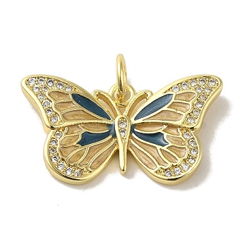 Brass Enamel Micro Pave Cubic Zirconia Pendants, Real 18K Gold Plated Butterfly Charms, with Jump Ring, Steel Blue, 14x25x3mm, Hole: 4.2mm