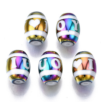 Electroplate Glass Beads, Barrel with Word I Love You Pattern, Colorful, 11x8mm, Hole: 1.2mm, about 200pcs/bag