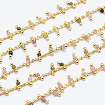 Natural Tourmaline Handmade Beaded Chains, Soldered, Lead Free & Cadmium Free, with Brass Findings, Real 18K Gold Plated, Long-Lasting Plated, Faceted Round, 6~7x2~3mm